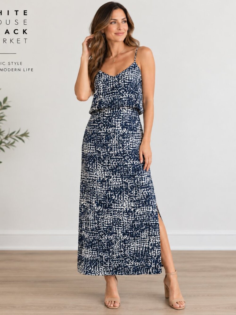 White House Black Market Womens 4P Maxi Tank Dress V-neck Flutter Top Dress Navy